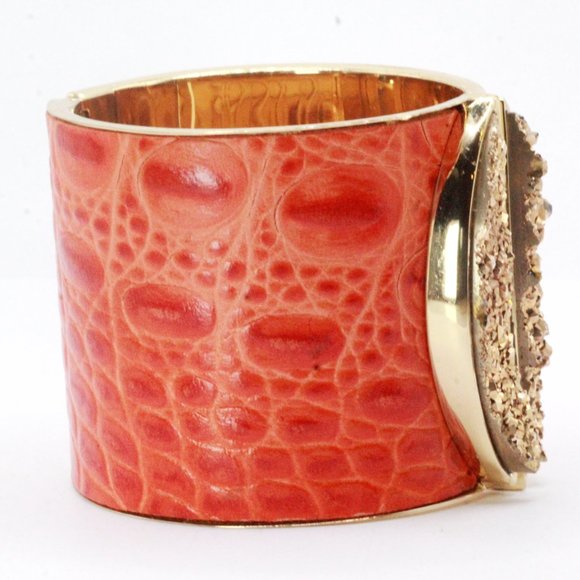 Fabrizio Giannone Designer Signed Orange Color Leather Gold Stone Clamp Bracelet - Picture 9 of 12